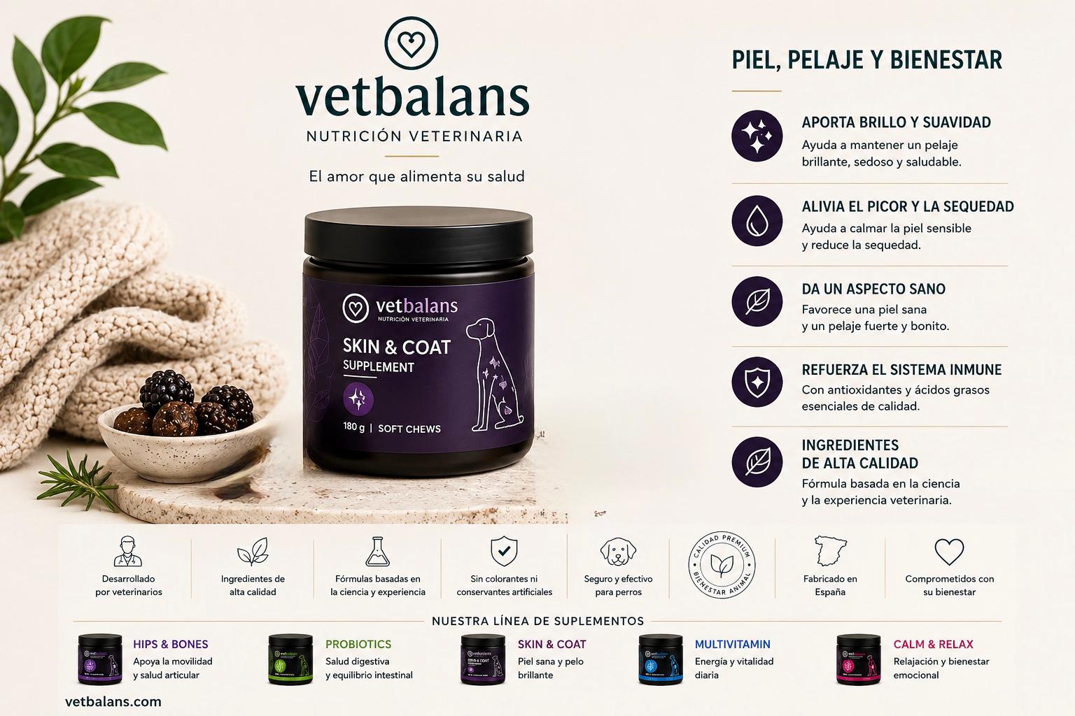 Vetbalans Golosinas Skin & Coat – Suplemento para Piel y Pelaje | 180 g